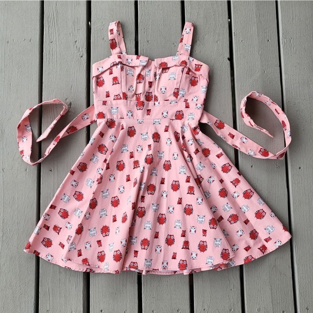 IXIA Pink Red Owl Print Sweetheart Neck Tie Waist Fit & Flare Pin‎ Up Dre…